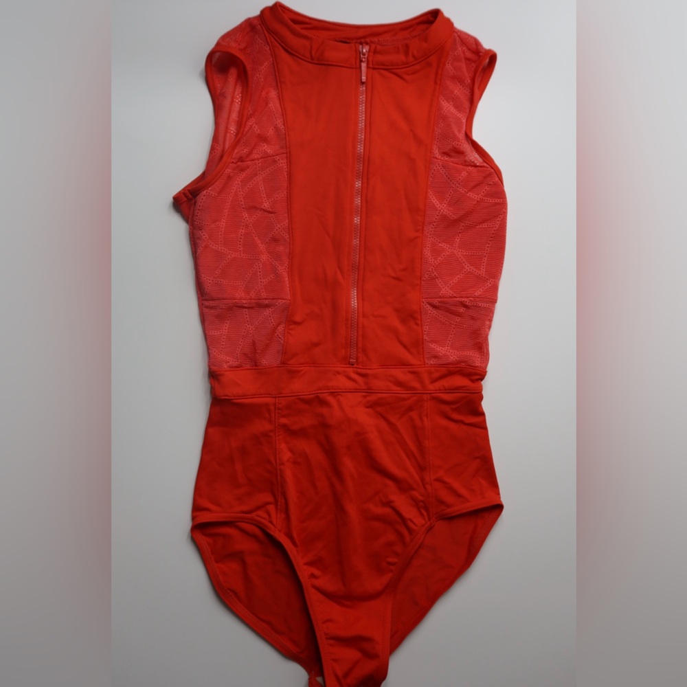 Orange high neck zipper up leotard